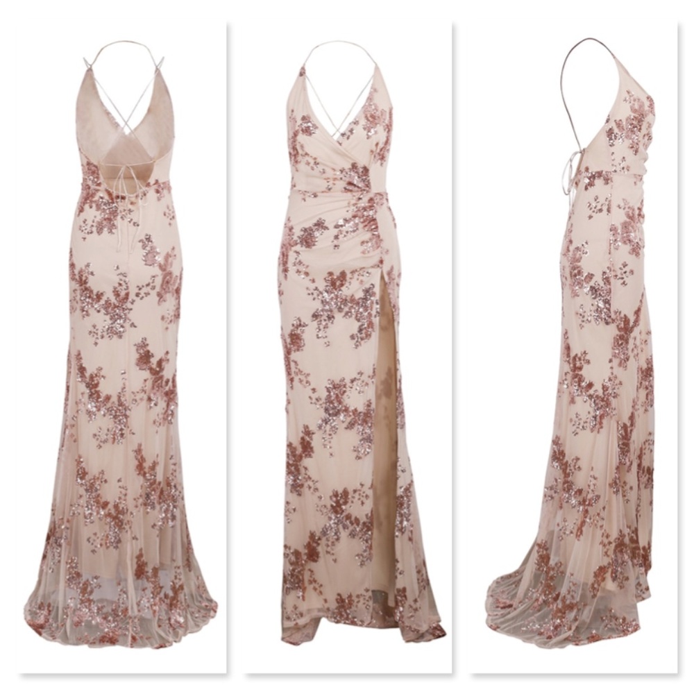 Sequined Mesh V-Neck Backless Hi Slit Long Dress - Picture 5 of 12